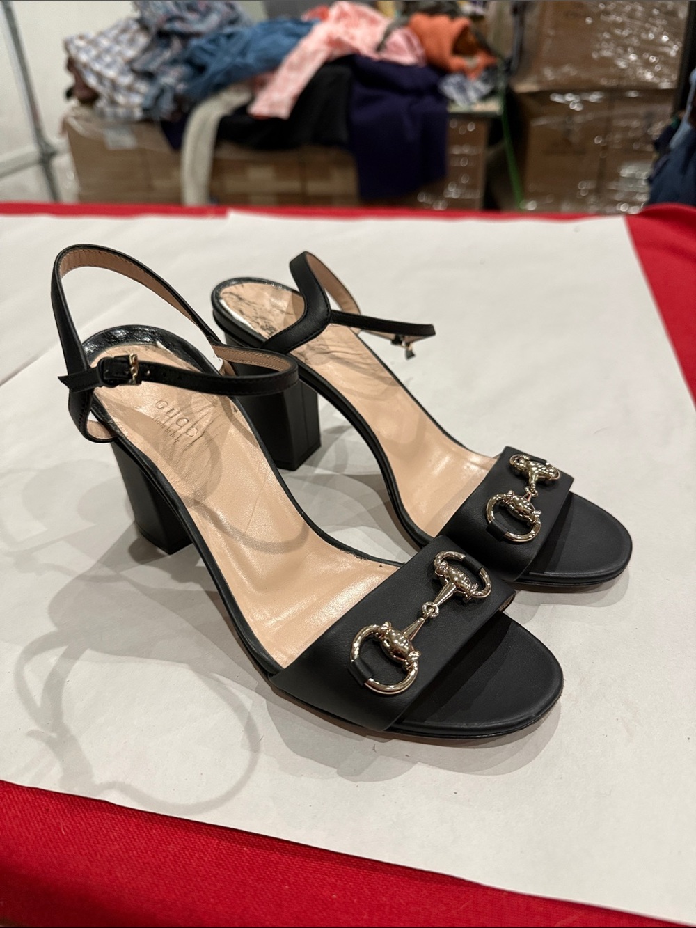 Gucci Black Leather Block Heel Sandals with Gold Horsebit